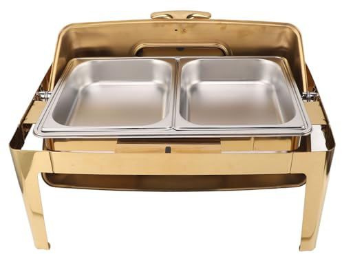 Stainless Steel Chafing Dishes Buffet Set, Full Size 2 Pack, Catering Chafer Warmer with Trays Pan Lid, Folding Frame Stand for Kitchen Party Banquet Dining (Gold Plating)