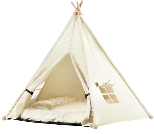 EUGAD Tipi Zelt für Haustiere mit Kissen Haustierzelt für Hunde/Katzen,Katzenhaus Indoor Abnehmbar Waschbar,Tipi Hundezelt Haustierhöhle für Meerschweinchen Kaninchen Hamster Kätzche 75x75x98cm