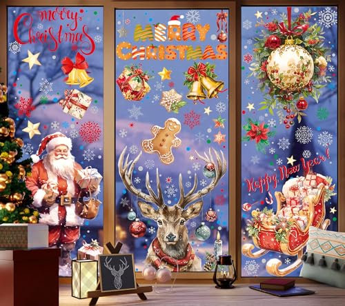 4 Pcs Groß Größe Fensterbilder Weihnachten Selbstklebend Mit Glänzend Silber, 30X45cm Fensterfolie Winter Weihnachten Deko, Wiederverwendbar Weihnachtsdeko Fensterbilder Selbstklebend (Roter Elch)
