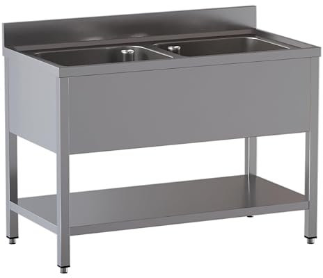 GastroHero Spültisch 120x60 cm I Edelstahl Spültisch 2 Ausgussbecken I Gastro Spüle Edelstahl mit Grundboden I Spültisch Edelstahl Küche