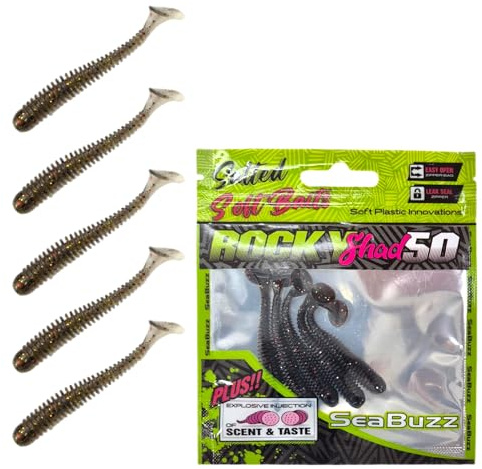 SEABUZZ Gummifische Angelköder Set Rocky Shad 5Stk x 50mm - Hecht Zander | Wels Gummiköder - Forelle & Barsch Kunstköder - Raubfisch Angelnset - Süß- & Salzwasser