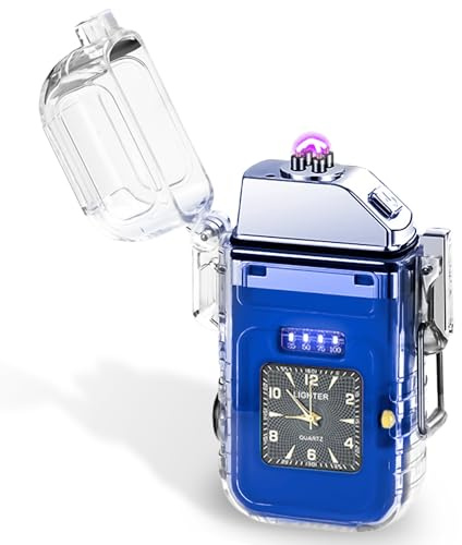 GOMETY Elektrisch Feuerzeug, Elektrisches Lichtbogen Feuerzeug USB Aufladbar mit Uhr und COB-Beleuchtung Sturmfeuerzeug Winddichte für Männe Geschenke Festival Geburtstage Küche Camping (Blau)