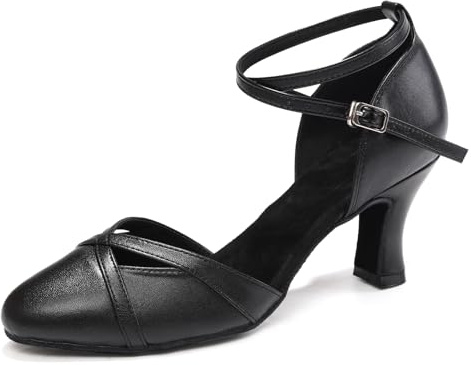 ZYXWVU Women's Closed Toe Dance Shoes Ankle Strap Ballroom Latin Salsa Dancing Shoes Black, 8 US