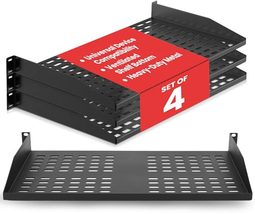 Pyle 19-tums 1U Server Rack Hylla - 4 Stycken Ventilerade Metallhyllor för Optimal Luftflöde, Vägg- eller Rackmonterbara, Stödjer upp till 110 lbs, 17 x 10’’ Hyllplan för Skåp, Datorer