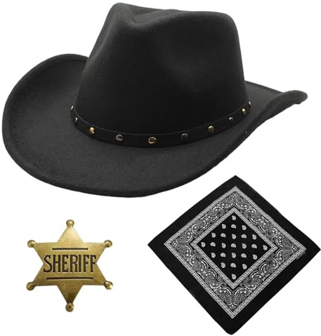 Raveparty Schwarzer Cowboyhut, Cowboyhüte für Herren, Kuhhhut Set mit Westernhüten, Polizeiabzeichen, Schals für Musikshow, Karneval, Halloween, Weihnachten (B)