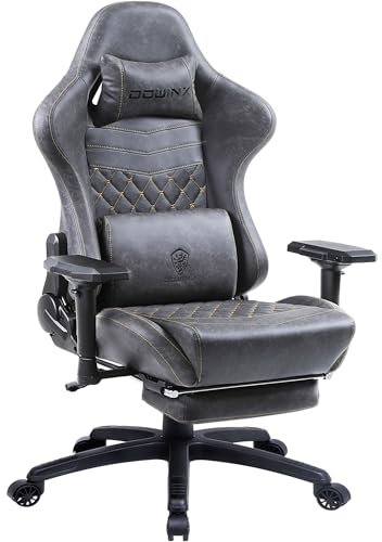 Dowinx Gaming stol kontorsstol ergonomisk PC-stol med 4D-armstöd och massage ländryggsstöd, racingstil PU-läder högt ryggstöd justerbar snurrstol med fotstöd (grå)