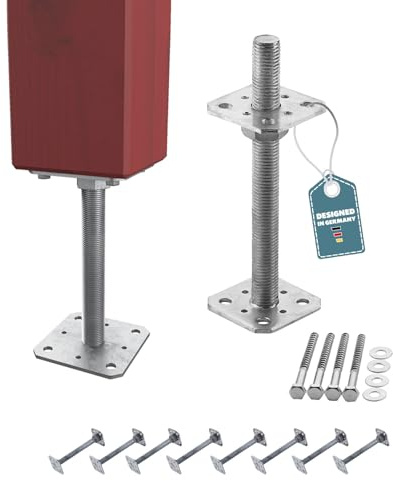 8 x Pfostenträger SILVEROX, M24, 80 x 80 x 250 mm, verzinkt | Betonfuß, regulierbarer Stützen- und Bodenfuß zum Aufschrauben, höhenverstellbar.