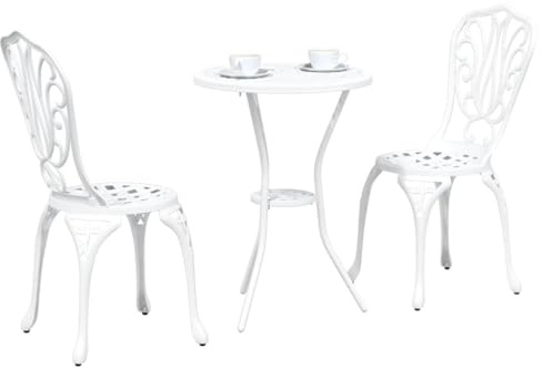 vidaXL Rundes Outdoor-Esszimmer-Set für 2 wetterbeständige Guss-Aluminium-Stühle und Tisch mit Matter Oberfläche in Weiß perfekt für Balkon Sommer
