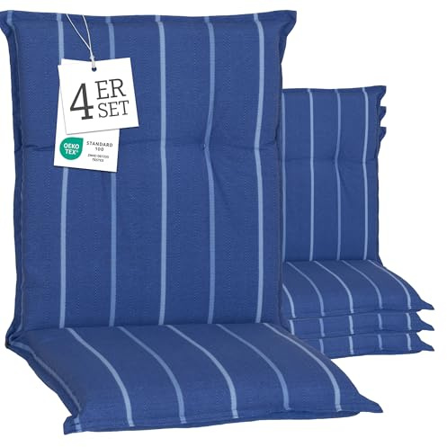Beo® Turin Niedriglehner Gartenstuhl-Auflagen 4er Set | Waschbar | Made in EU nach Öko-Tex | Atmungsaktive Sitzkissen Outdoor in Blau/Gestreift | UV-beständig & Extra Dicke Polster