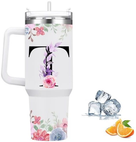 Botella Agua Termica Personalizada, Cool Bottles de Acero Inoxidable de 1.2 Litros, Termo Cafe para llevar con tapa y pajita, Copo Termico sin BPA, Letras de Moda, Regalos Originales para Mujer (T)