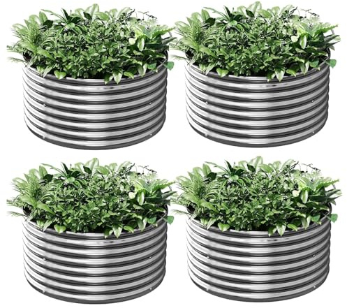 Bvewg Lot de 4 jardinières surélevées rondes en métal galvanisé pour légumes, plate-bande surélevée en acier pour jardin, parterre de jardin hors-sol pour fleurs 90 x 90 cm