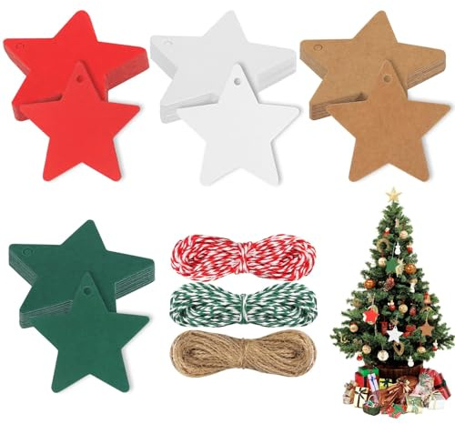 Geschenkanhänger Weihnachten, 200 Stück Stern Kraftpapier Anhänger mit 3 Rollen Sisalseil, Geschenkanhänger Kraftpapier für Weihnachtsgeschenke Weihnachtsbäume Dekoration