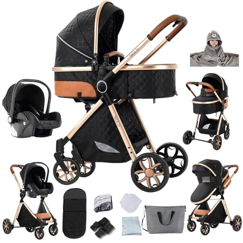Magic ZC Kinderwagen 3 in 1, Buggy mit Umkehrbarem Zwei-Wege-Schub, Kombikinderwagen Faltbarem Tragbarem One-Click-Design, Kinderwagen 3 in 1 Komplettset mit Zubehör (YV9 Black)