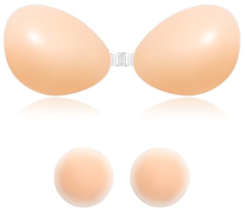 VivaNex Silicone Sticky Bra – Push Up Adhesive Bra for Women, Invisible Strapless Backless Stick On Bras, Perfect for Deep V and Low Cut Dresses (UK, Cup & Band, D, Beige)