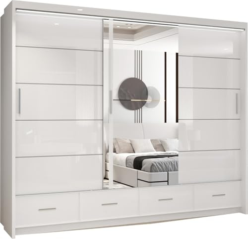 MN Furniture Sycylia High Gloss Sliding Door Wardrobe with Mirror, LED Light & Bottom Drawers | Available in 150cm, 208cm, 255cm (White, 255cm)