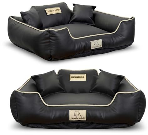 KING DOG Hundebett Hundebox aus Kunstleder L 100x75 cm personalisierbar mit Namen Abnehmbarer Bezug rutschfest Schwarz
