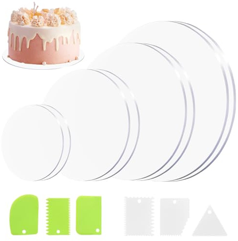 8 stycken akrylkakbräda, 10/15/18/20 cm transparent tårtunderlägg rund | med 6 kakskrapor, återanvändbar tårttallrik, non-stick-belagd kaktallrik för transport av kakor, tårtor
