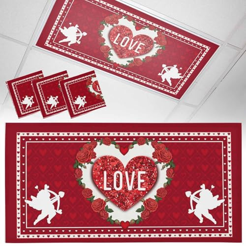 3 Pack Valentine's Day Magnetic Fluorescent Light Covers, LOVE Heart Cupid Rose Red Boundary Magnetic Light Covers for Ceiling Lights Classroom Office Valentine's Day Decor