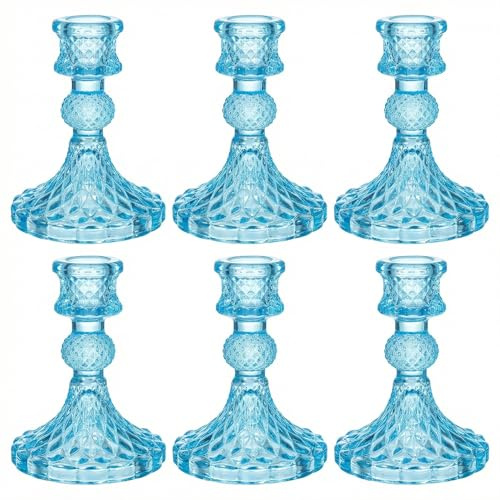 Olrla Juego 6 Portavelas Cristal Azul Transparente para Velas Varilla | Aspecto elegante para velas de varilla, Ideales para decoración de mesa en bodas, Navidad y hogar