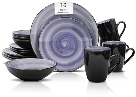 HomeVSS Sonoma Service de table 16 pièces en grès extérieur noir + intérieur peinture à la main (bleu roi)