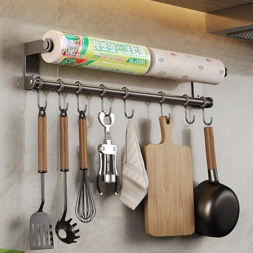 Rojinran Hakenleiste Küche mit 8 Haken | Wandmontiert, 40 cm lang, Weltraumaluminium und Kohlenstoffstahl, Mit Messerhalter