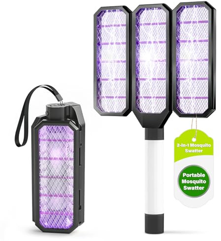 2 in1 Lampe Anti Moustique, Rechargeable par USB Pliable Portable Raquette Anti Mouche,Lampe Anti-moustiques de Bureau Suspendu Convient à Une Utilisation intérieure et extérieure (Black)