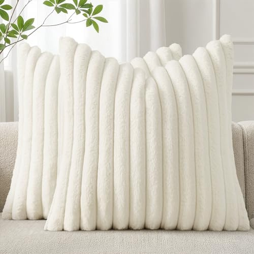 Woaboy 2er Set Kissenbezug 50x50 Flauschige dekokissen Cremeweiß | Flauschige Kissenbezüge Gestreifte Künstlich Pelz Sofakissen Superweich Dekokissen für Wohnzimmer Bett Couch
