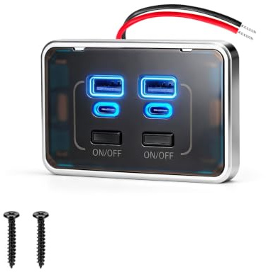 Linkstyle Car USB Socket 12V, 102W 4-Port USB Car Charger Socket | Dual PD & QC 3.0 Fast Charging Outlet with Individual Switches, Panel Mount for Car, Boat, Truck Dashboards