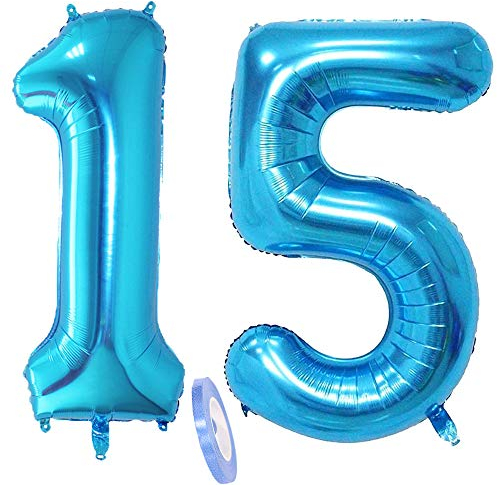 2 Ballons Numéro 15, Ballon 15 Ans Anniversaire Bleu Fille Garcon,40 Géant Blue Ballon Figurines Gonflable Hélium Feuille Chiffres Deco Pour La Décoration De Fête D'anniversaire,Prom (XXXL 100cm)