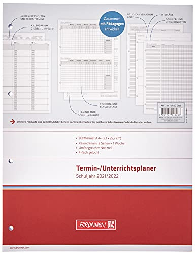 BRUNNEN 1075700002 Wochen-Ersatzkalendarium für Lehrerkalender/Termin- & Unterrichtsplaner 2021/2022, 2 Seiten = 1 Woche, Überformat A4: 23 x 29,7 cm