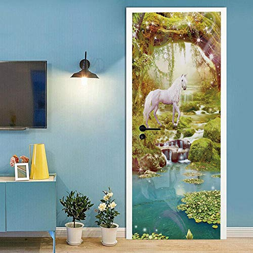 Tür tapeten 3d selbstklebend 100x200cm Tierisches Einhorn Türposter Türaufkleber Wasserdicht Abnehmbare Vinyl türfolie Fototapete diy Wandbild Wohnzimmer Schlafzimmer Kinderzimmer Badezimmer