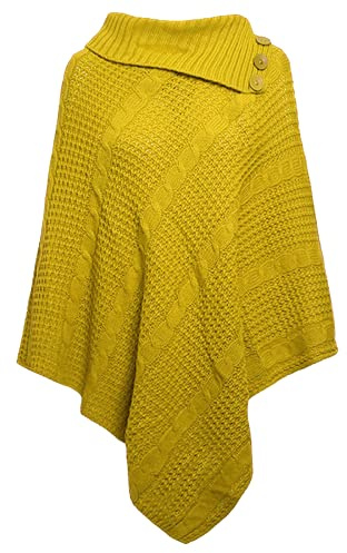Cape poncho en tricot torsadé à 3 boutons pour femme, moutarde, taille unique