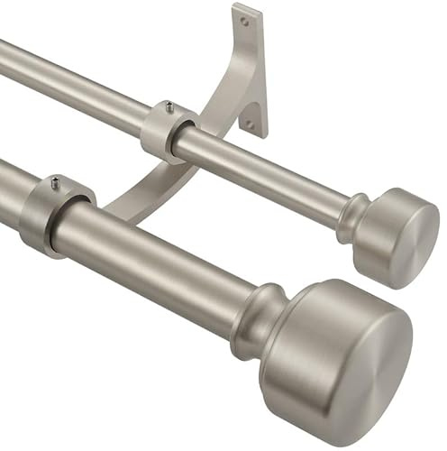 Brushed Nickel Double Curtain Rods - 48-84 Inch, Modern End Cap, 1-Inch Front & 5/8-Inch Back Dual Rods