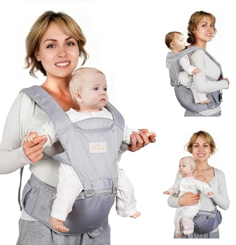 Mumgaroo 6-in-1 Baby Carrier Newborn to Toddler, Ergonomic Infant Hip Seat Carrier with Storage Pocket, Adjustable Shoulder Straps and Waist Belt for 0-36 Months Baby (7.7-66 lbs)