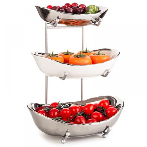 Gelory 3 Tier Fruit Bowls for Kitchen Counter, Ceramic Fruit Bowl with Metal Rack, Porcelain Kitchen Bowls Veggies Snack Nuts Bread Candy Dessert Cake Tray (Silver and White)