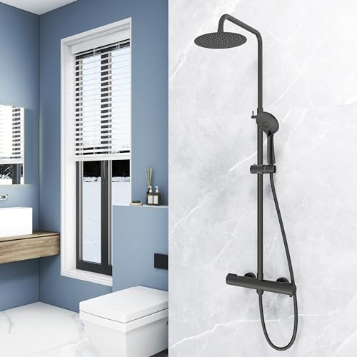 Ducha Casa Columna Ducha Termostática, Alcachofa Cuadrada Negro Mate, Altura de Barra Ajustable 735-1170mm, Ducha Lluvia para Baño