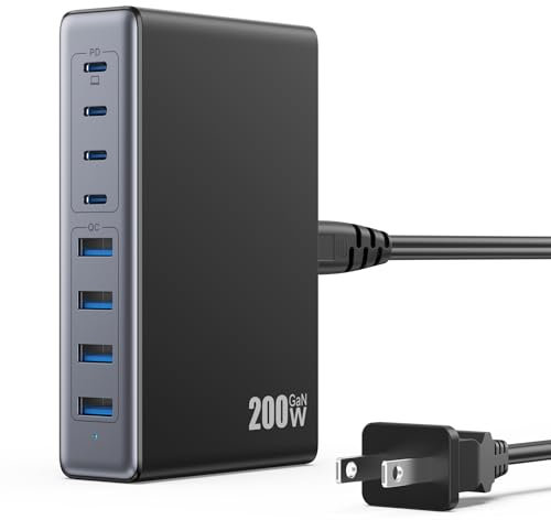 GaN III 200W USB C Charger Block 8 Ports USB C Charger, QC4.0 Fast Phone Charging Station Hub + PD 65W USB C Laptop Charger Adapter Compatible with MacBook Pro/Air, DELL,iPhone 15/14, iPad, Steam