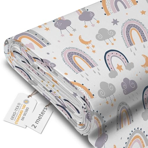 DreamRoots Tela impermeable por metros 600D 220g/m - Tela para tapizar sillas, cojines, sofas - Lona impermeable exterior 160 cm ancho - Tela para toldos exterior Doodle Rainbow and Moon 2M