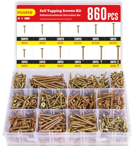 YOOPIN 860 Stück M3-M4 Phillips Senkkopf Holzschrauben, Zink | Selbstschneidende Schrauben Sortiment. Für Holz und DIY-Projekte