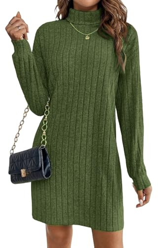 Zeagoo Rippstrick Kleid Damen Strickkleid Langarm Rollkragen Pulloverkleid Warmes Winterkleid Herbst Outfit Elegant Bequem Figurbetont Party Kleid Büro Damen Grün S