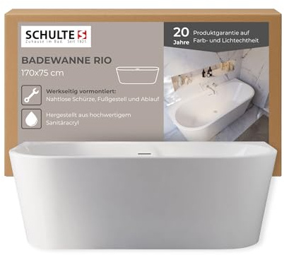 Schulte Badewanne Rio 170x75 cm mit vormontierter Schürze | Komplettset aus hochwertigem Acryl in Weiß glänzend mit Fußgestell, Ablaufgarnitur und vormontierter Schürze.