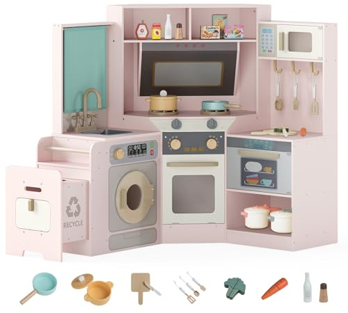 GOPLUS Cuisine en Bois Enfant, Cuisine d'angle Enfant avec Poubelle Coulissante, Évier, Plaques de Cuisson, Micro-Ondes, Four, Lave-Linge & Accessoires, Lumières&Sons, pour 3+ Ans (Rose)