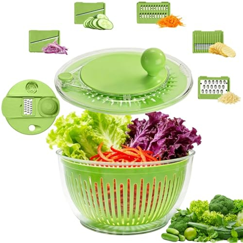 CHDEXU Salad Spinner, Large Vegetables Wash Bowl, 4.8 Qt Fruits Lettuce Dryer with 5 Blade Slicer and Slicer Egg Yolk Strainer Shredder for Salad Cleaner