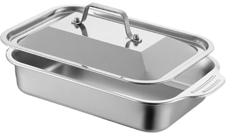 Teglia da forno in acciaio inox, teglia da forno con coperchio e manico, a prova di perdite, per torte, pane, lasagne, pizza gratinata, forno, cucina, casa, feste, cucina