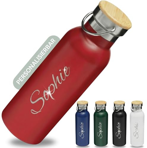 SMARTEON Personalisierte Trinkflasche mit Namen Edelstahl 500ml – Edelstahl Trinkflasche mit Gravur – Wasserflasche Erwachsene & Kinder – Isolierte Thermosflasche - Flasche mit Namen (Rot)