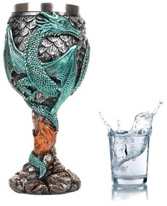 Cáliz de dragón medieval – Copa de vino de resina de acero inoxidable, copas de 7,28 pulgadas de alto, vaso de fantasía, copa multiusos creativa, cáliz de plata, color morado, dorado, negro, rojo, ver