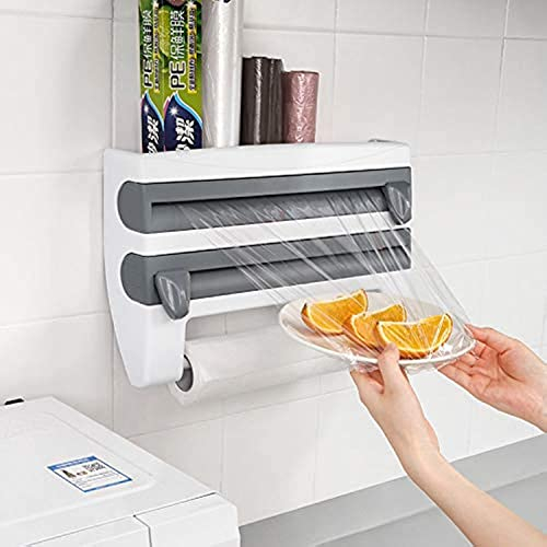 GOTOTOP Paper Towel Holder, Wall Mount Kitchen Roll Dispenser for 3 Rolls, Foil Cutter, Paper Towel Holder up to 28 cm, Grey, ABS