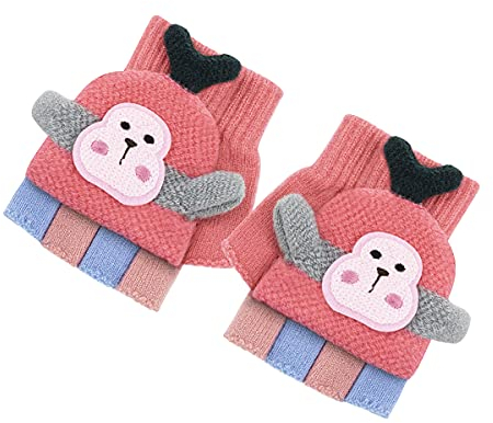 Mofeng Warme Winterhandschuhe für Mädchen und Jungen, Cartoon-Design, gestrickt, halbe Finger, 1 - 5 Jahre Gr. 10.5*6 cm, rose