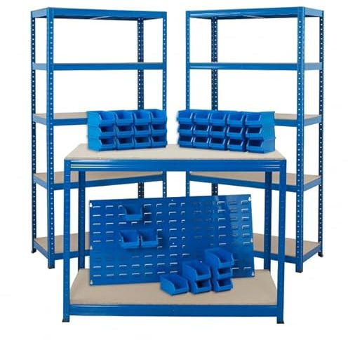 BiGDUG Garage Storage Kit - Workshop Shed Shelving and Workbench Set - 2x Shelving Bays (1780H x 900W x 450D mm), 1x Workbench (900H x 1200W x 600D mm), 1x Louvre Panel Kit with 36x Plastic Parts Bins