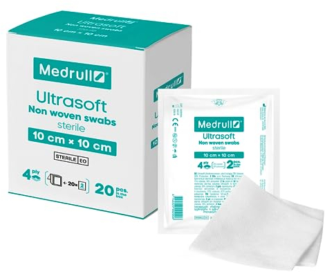 Medrull Kompressen nicht gewebt STERIL ULTRASOFT Wundauflagen 4-lagig 10 x 10 cm - Verpackt 2 Stück - 20 Papierbeuteln (40 Stück)